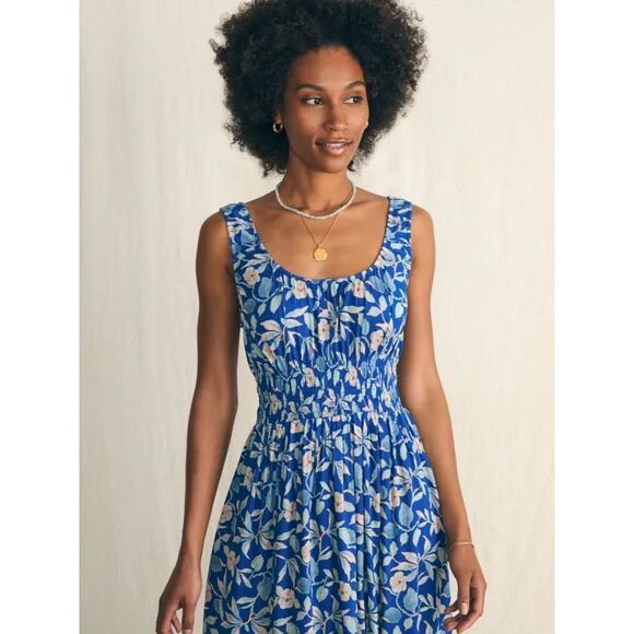 Faherty sunseeker blue ginger midi floral boho coastal cowgirl dress pockets XS - Picture 4 of 13